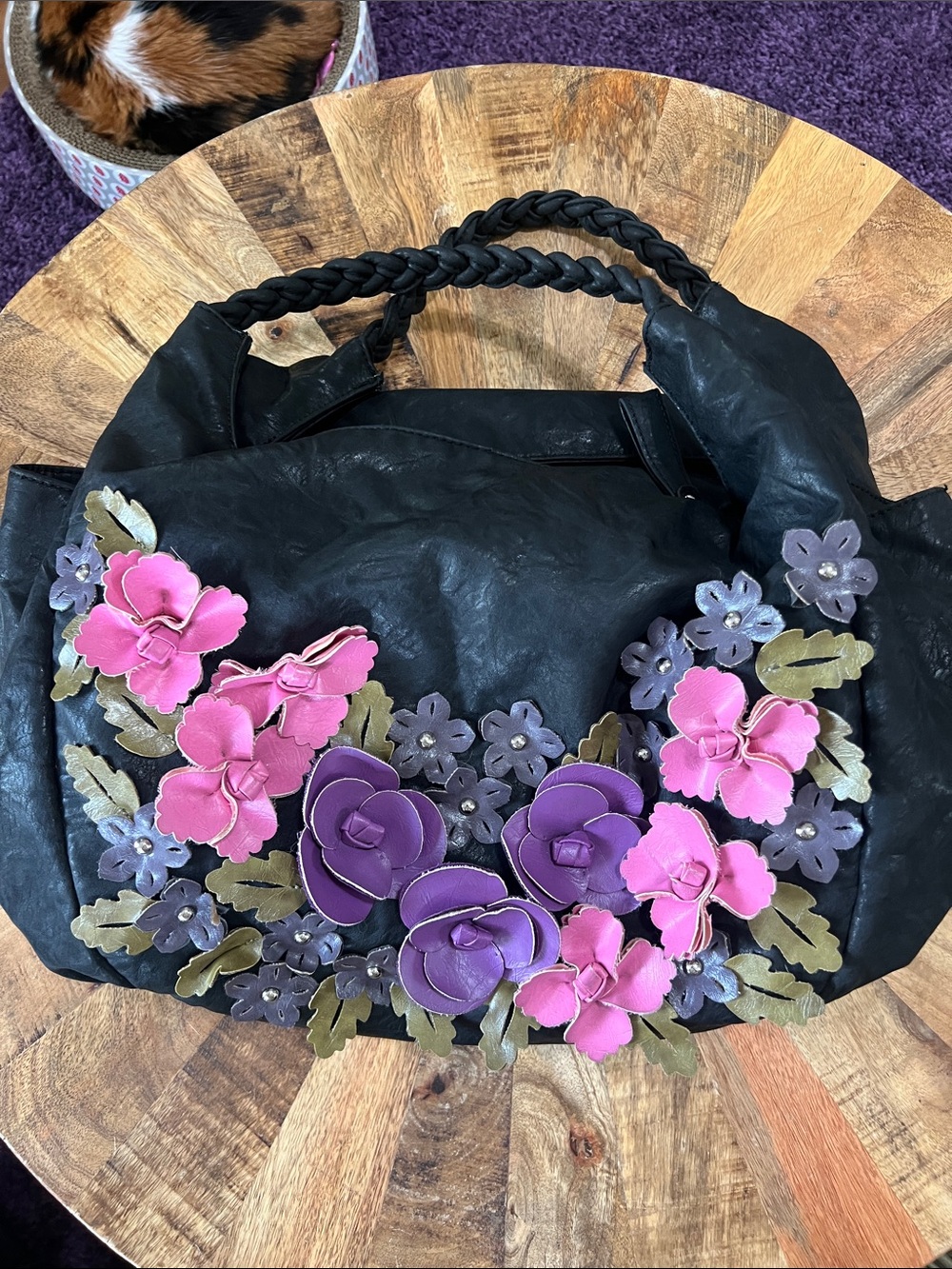 Black Floral Applique  Faux Leather Tote Pink & Purple Embellishment